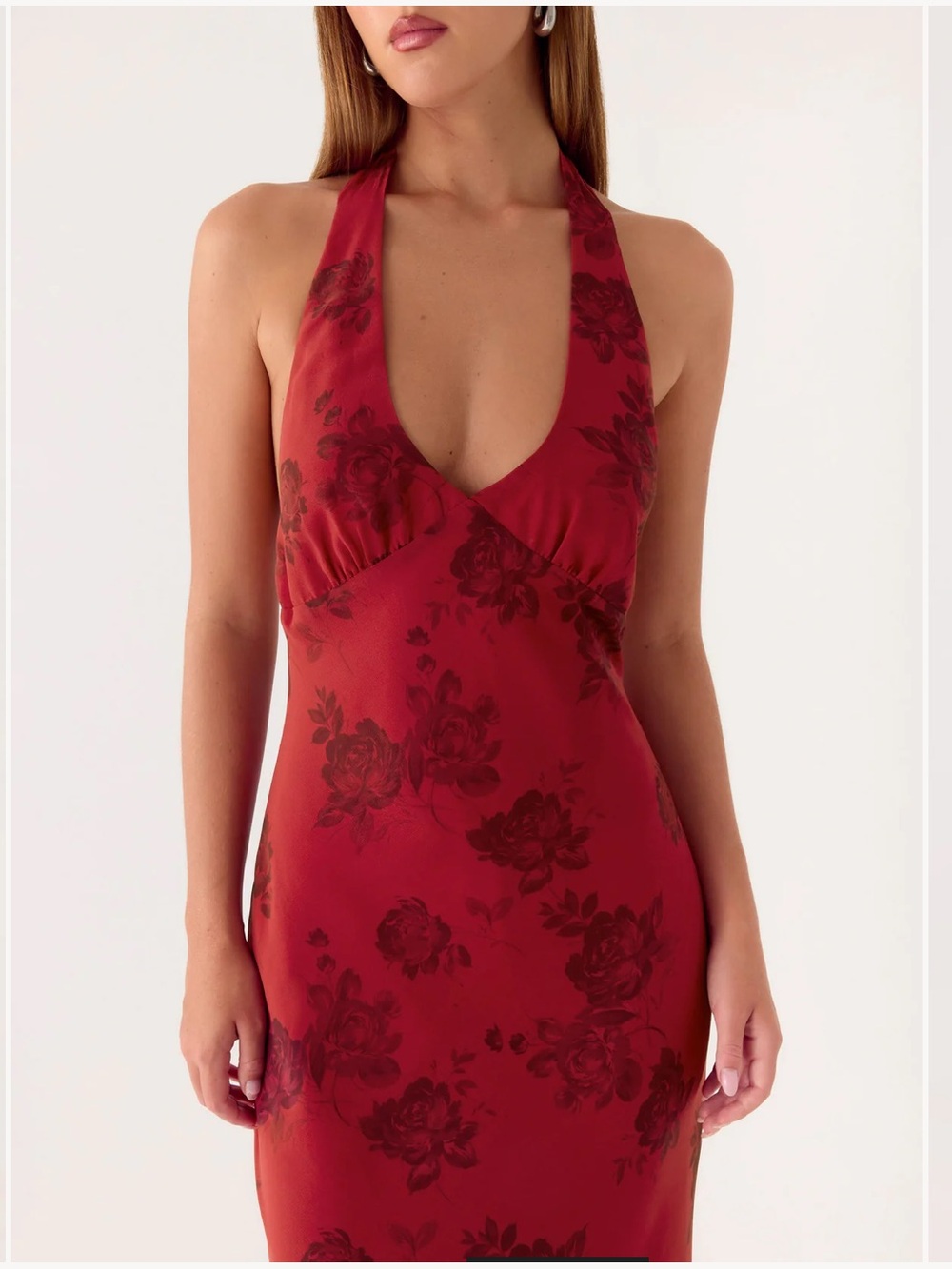 Freja Maxi Dress Halter Tie Long Cherry Rose Floral Open Back Going Out Party 6 - Picture 9 of 13